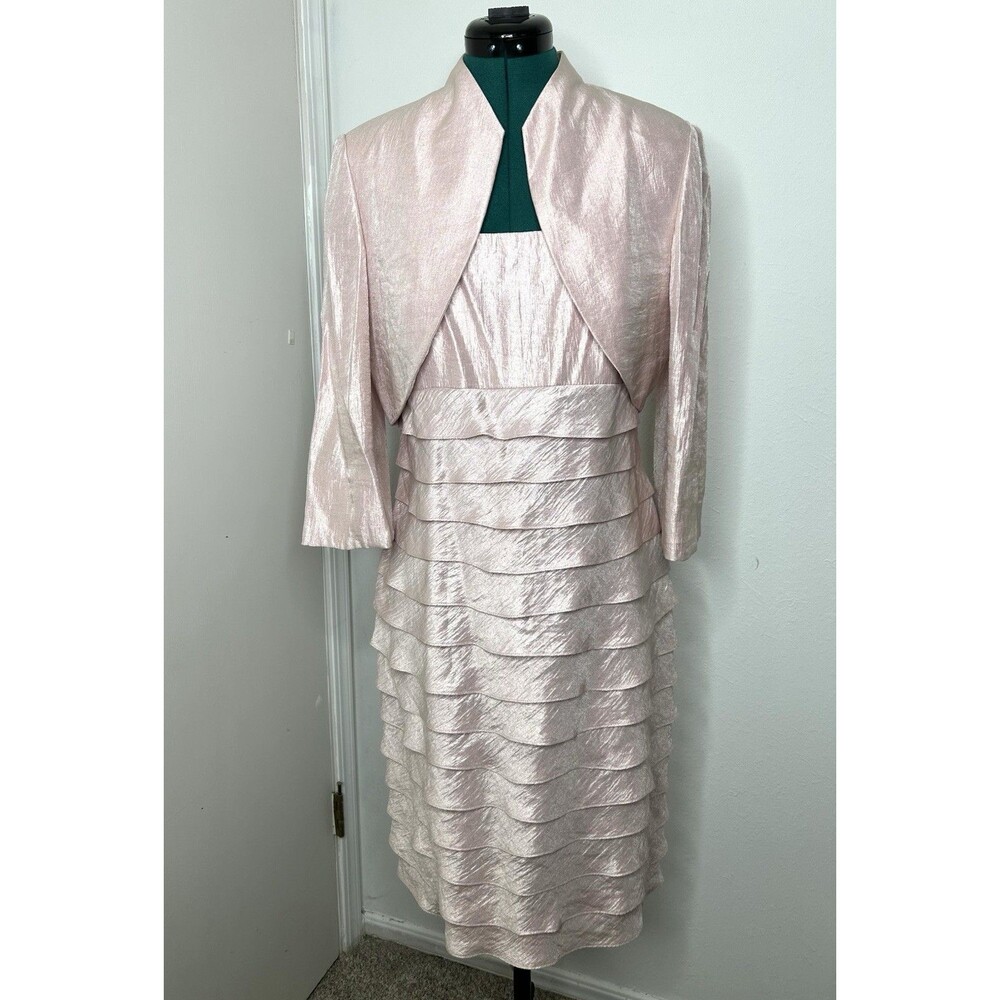 Jessica Howard Tiered Ruffle Spaghetti Strap Pink Dress & Jacket Set Size 10